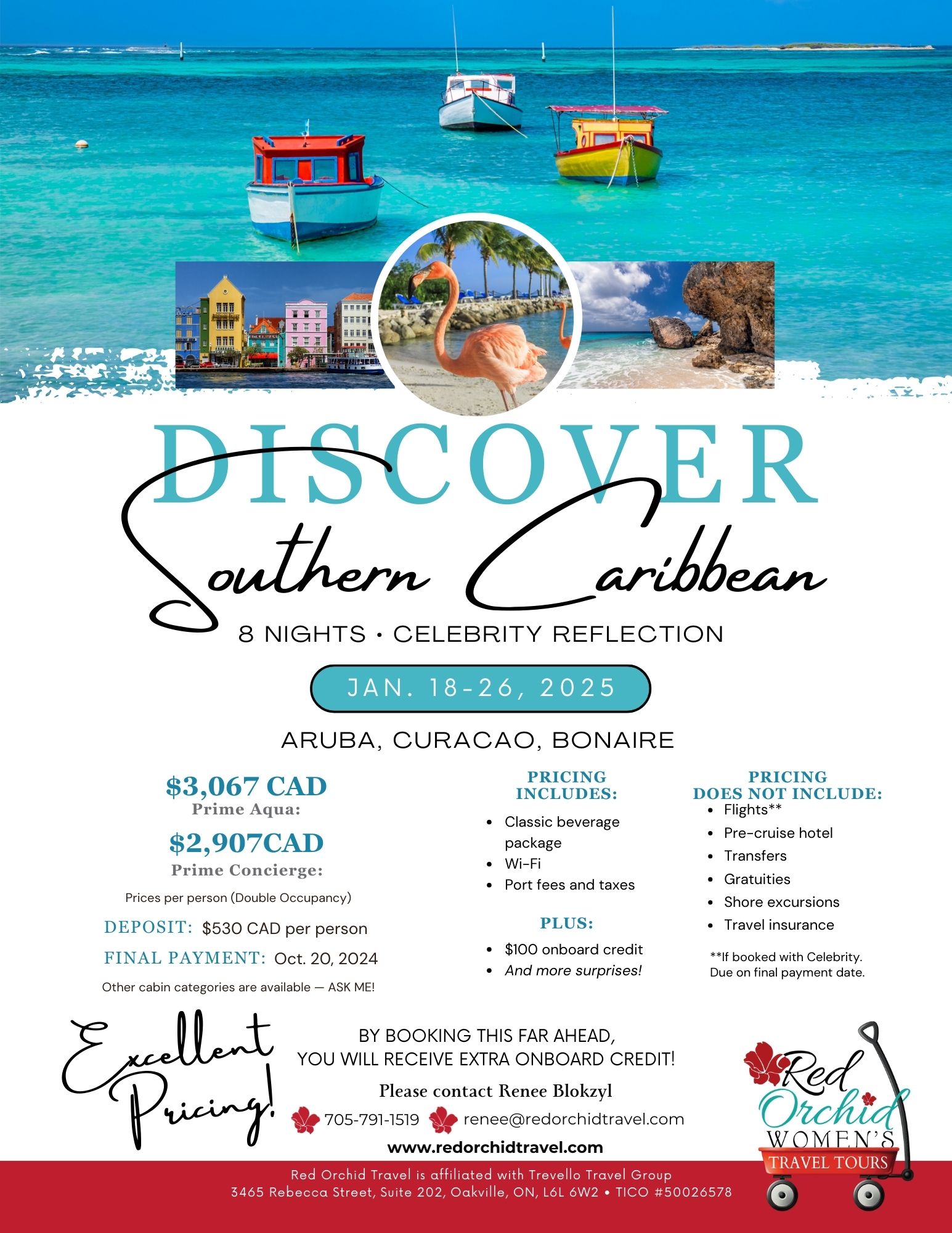 Join Red Orchid Women’s Travel Tours on this 8 night Celebrity cruise! Aruba, Curacao and Bonaire are amazing places to explore!