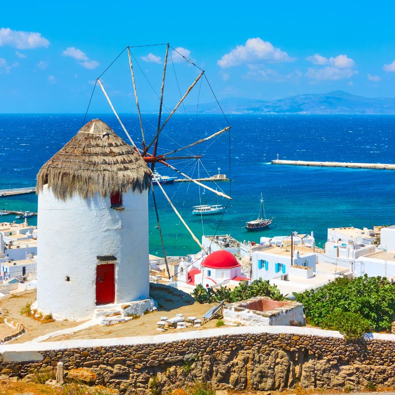 One of the most cosmopolitan of all the Greek Islands, Mykonos is a contrast of rocky hills and beautiful beaches.