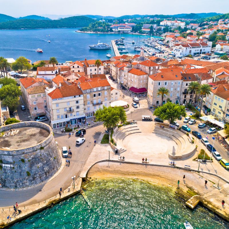 Framed by dense green forests of Aleppo pine and twisted cypress, the red tile roofs of Korcula, whose most famous native son was Marco Polo, form an inviting picture.