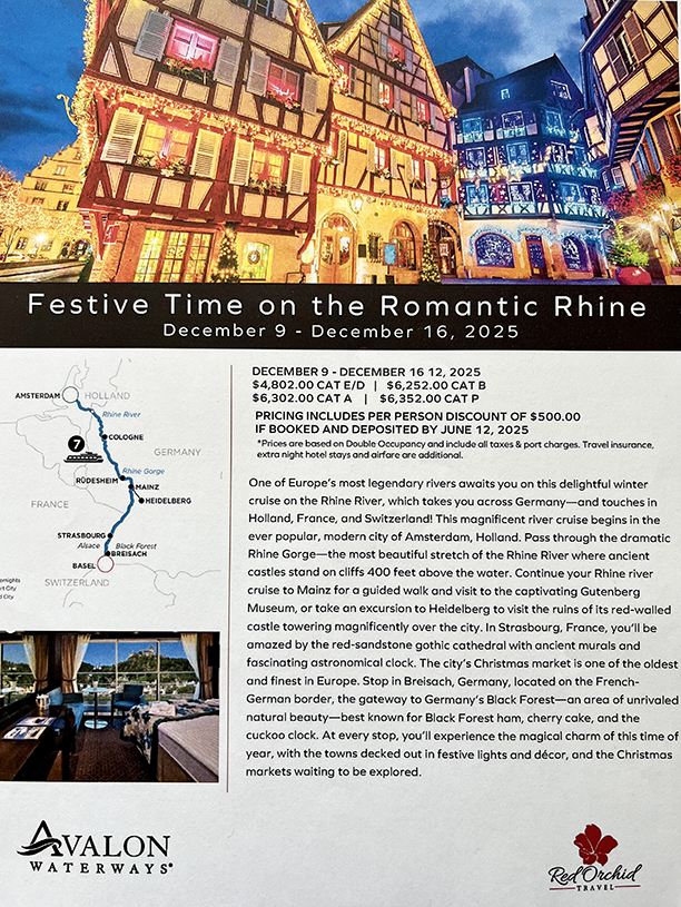 This magnificent Avalon river cruise begins in Amsterdam and will carry you past the most beautiful stretch of the Rhine River where you will see ancient castles, and charming villages, walk past history and visit some of the oldest and finest shops in Europe!