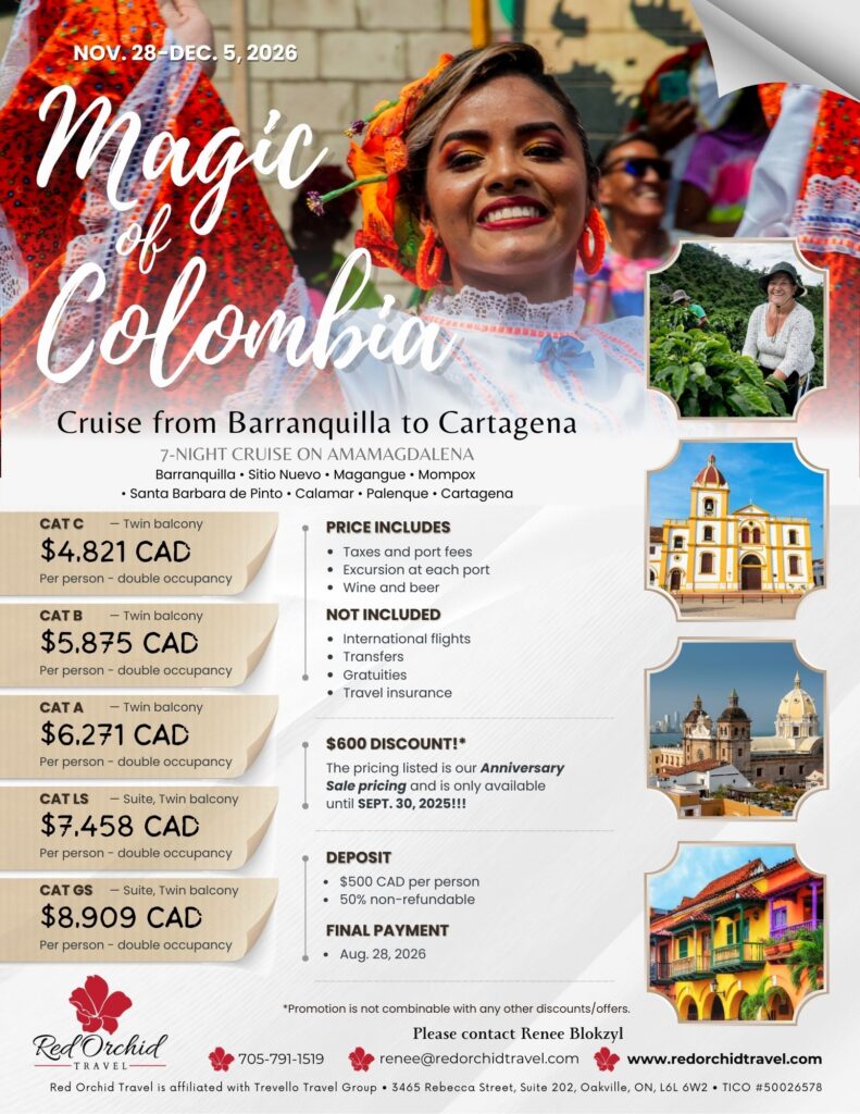 The flyer for the Magic of Colombia, showing the different pricing for each cruise cabin, as well as what is included and not included in the price. It also has several picture of Colombia.