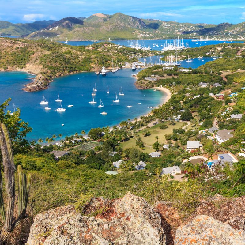 Aerial view of Antigua Bay from Shirley Heights.
