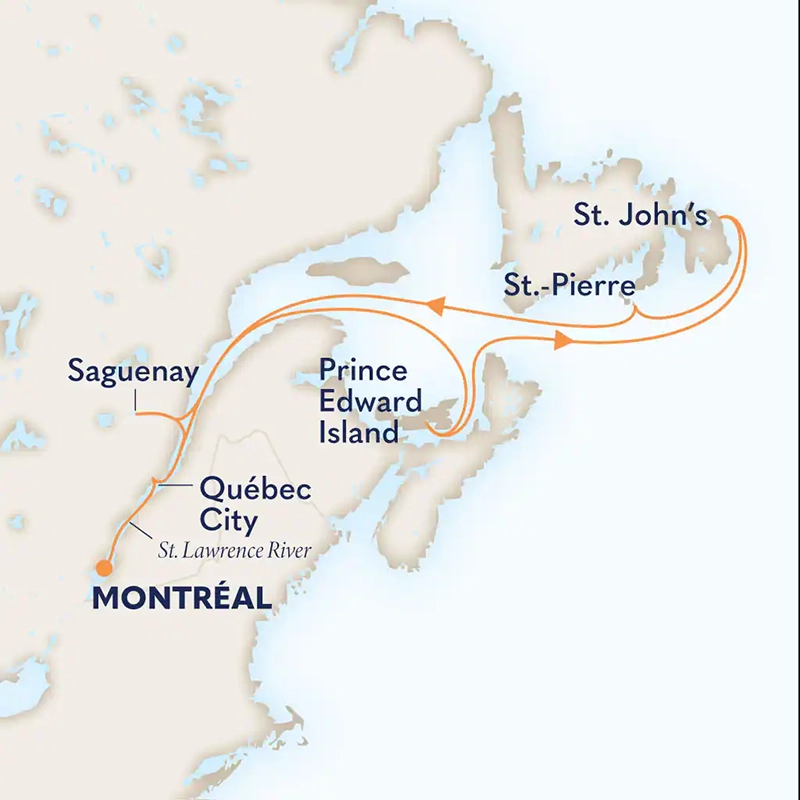 Map showign route of Holland American's New France and Montreal cruise