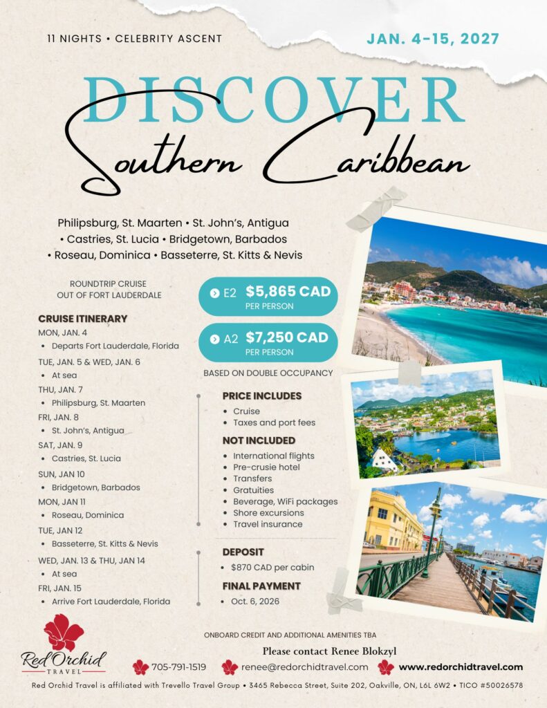 Southern Caribbean flyer with itinerary and cost per cabin