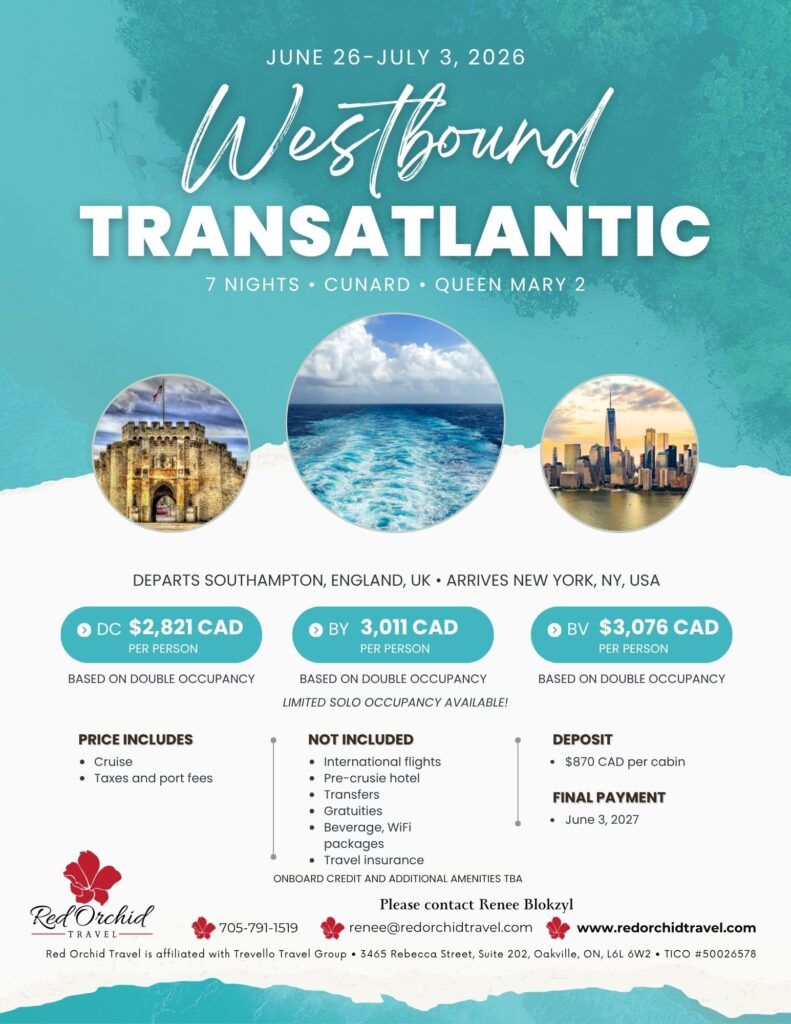 Westbound Transatlantic cruise flyer - shows pricing