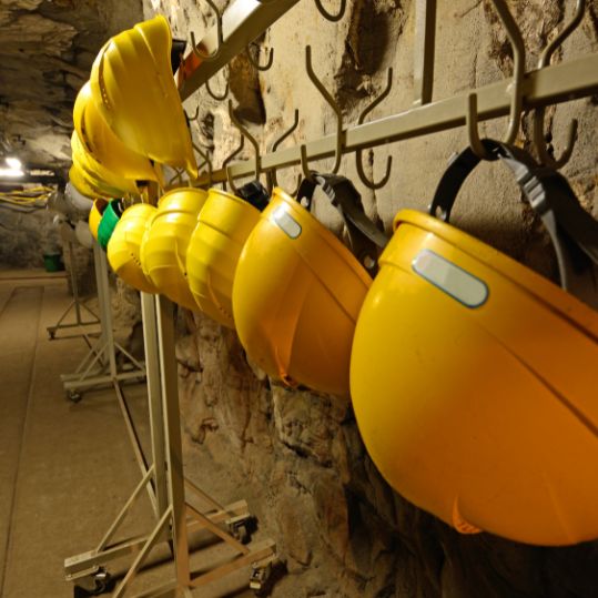 mining helmets on the wall