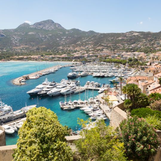 View from above on the marina in Calvi, Corsica, France