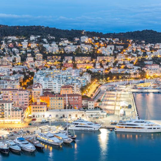 France Nice Cote d’Azur with mediterranean beach sea at dusk