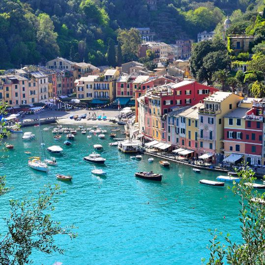 The famous village of Portofino, Italy, with its colourful houses, view from above