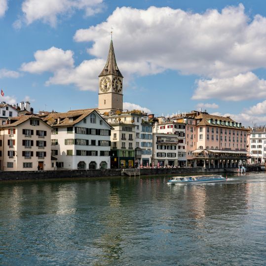 Along the way, keep your eyes peeled for the twin towers of the Grossmünster church, one of Zurich’s most iconic landmarks, as well as the clock tower of the St. Peter church. It boasts largest clock face of any tower in Europe.